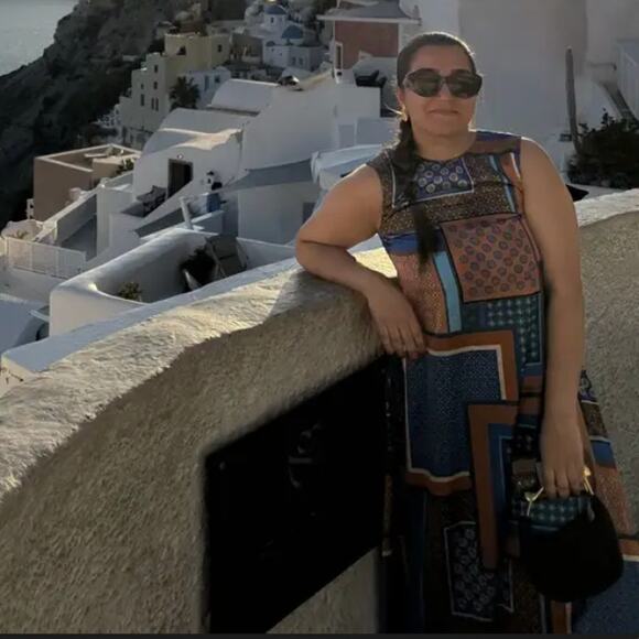 Misa Blue Patchwork Midi Dress MEDIUM Satin Vacation Aline Weekend Designer $410 - Picture 11 of 13